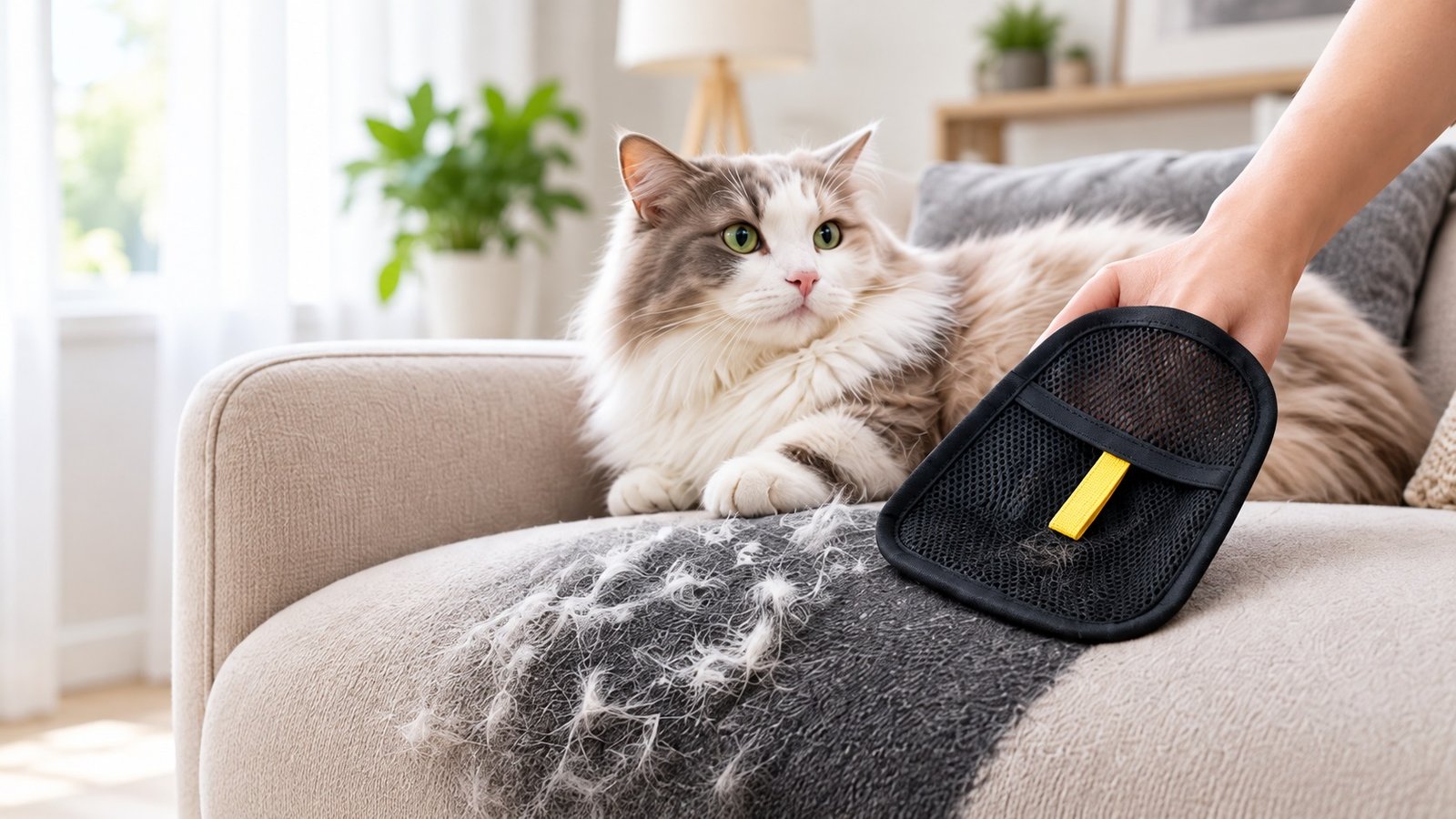 FurSweep pet hair remover glove cleaning pet hair from a sofa